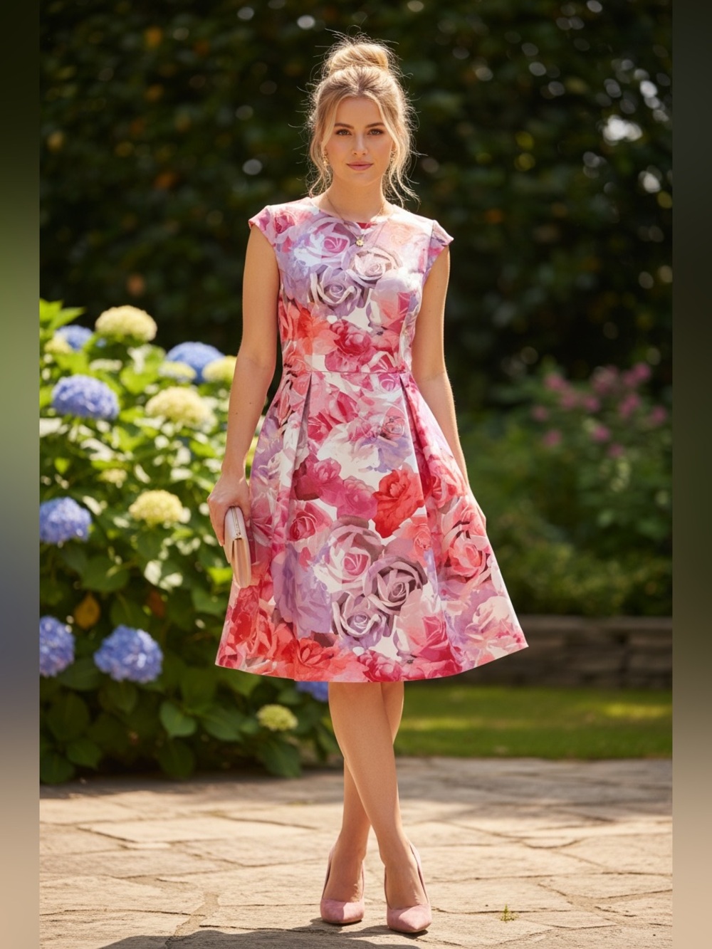Vince Camuto size 6 Pink, Lavender & Coral Floral Midi Dress